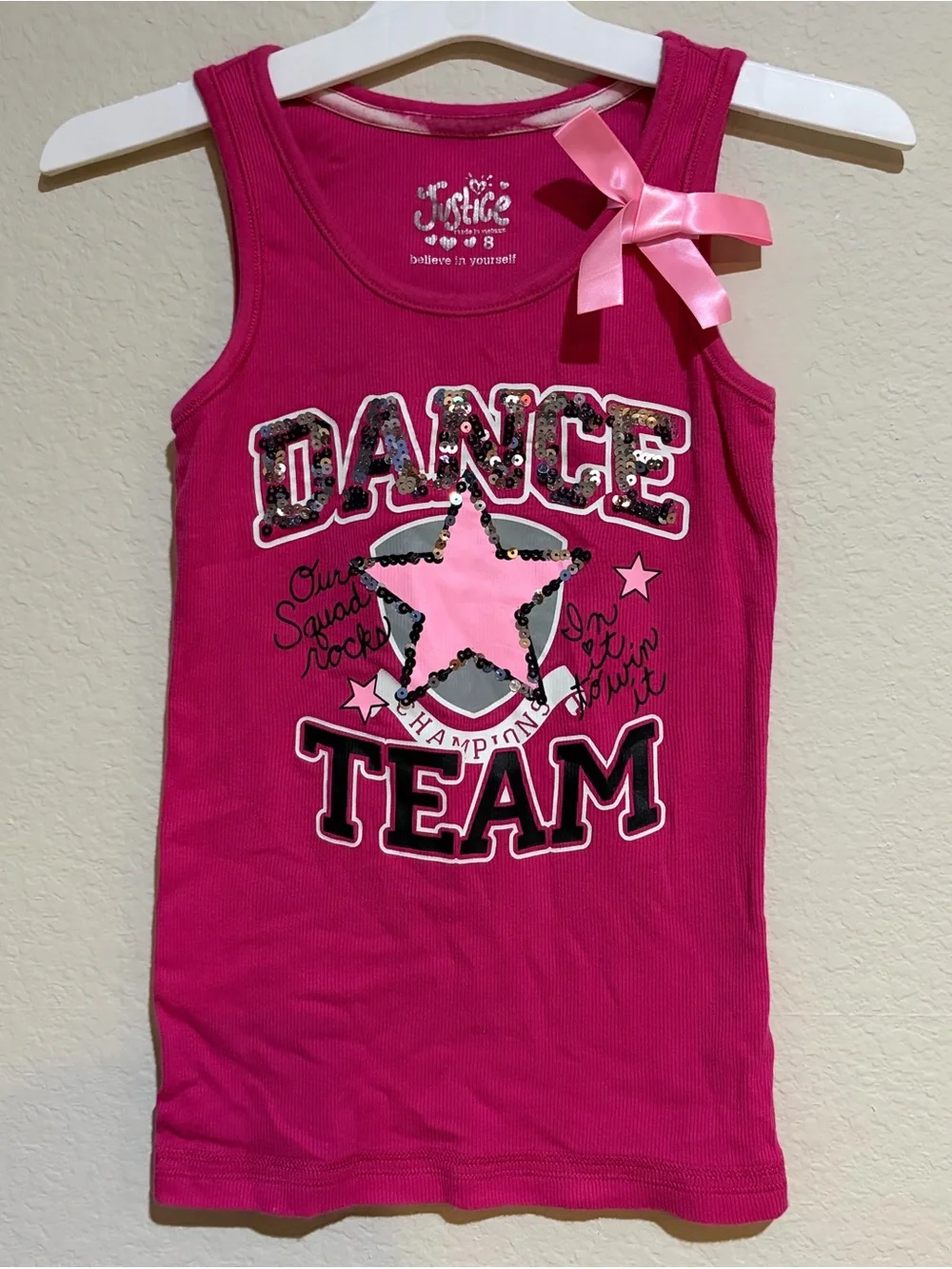 Justice Girls Size 8 Pink Dance Team Sequin Tank Top Bow Sleeveless Shirt
